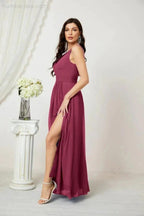 Numbersea Chiffon V-Neck Bridesmaid Dress Spaghetti Strap Long Formal Party Prom Gowns with Slit 28010
