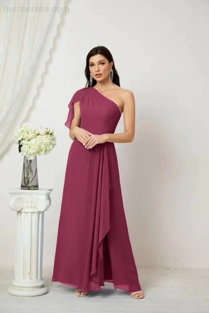 Numbersea  Chiffon Ruffled One Shoulder Long Bridesmaid Dresses A-line Formal Evening Gown Side Split 2809