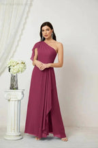 Numbersea  Chiffon Ruffled One Shoulder Long Bridesmaid Dresses A-line Formal Evening Gown Side Split 2809