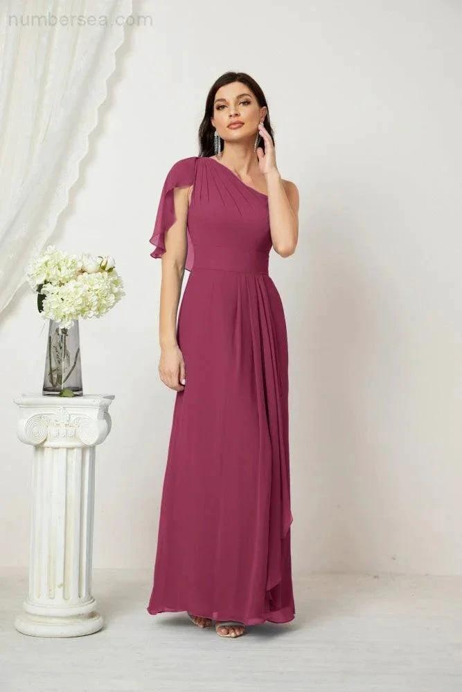 Numbersea  Chiffon Ruffled One Shoulder Long Bridesmaid Dresses A-line Formal Evening Gown Side Split 2809
