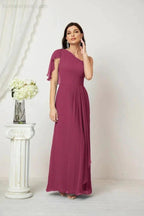 Numbersea  Chiffon Ruffled One Shoulder Long Bridesmaid Dresses A-line Formal Evening Gown Side Split 2809
