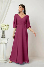 Numbersea  Formal Prom Gown Women V-Neck Chiffon Bridesmaid Dresses Long Bishop Sleeve Party Dress 2807