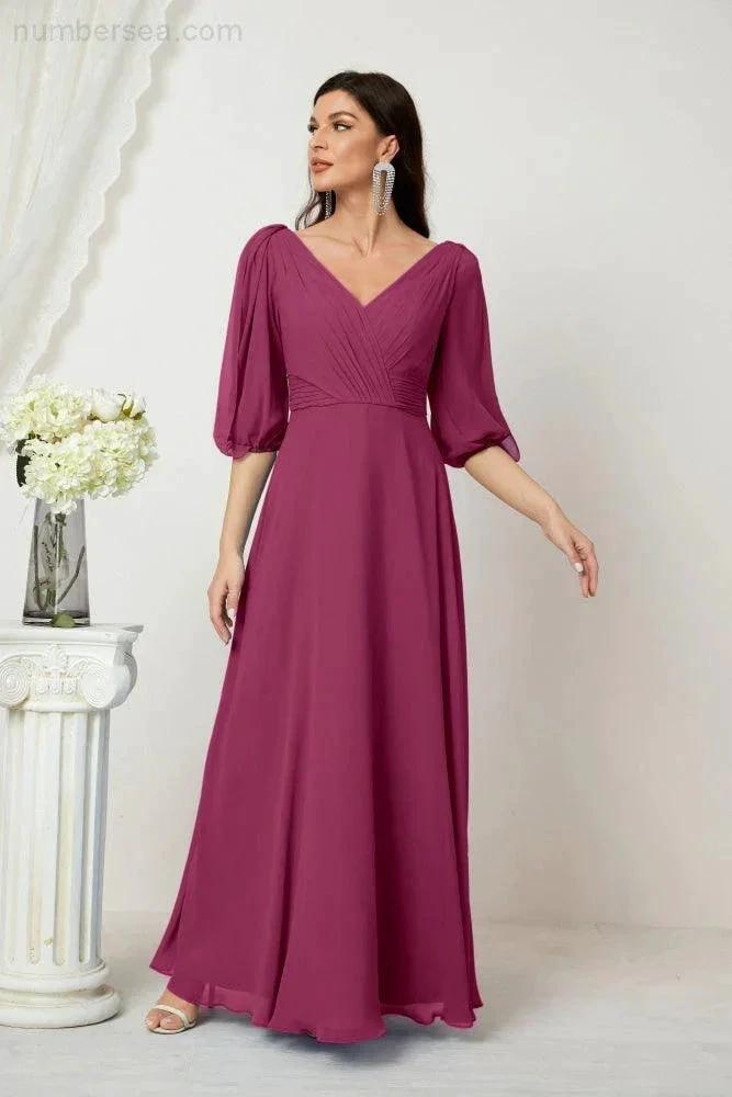 Numbersea  Formal Prom Gown Women V-Neck Chiffon Bridesmaid Dresses Long Bishop Sleeve Party Dress 2807