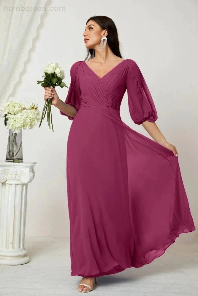 Numbersea  Formal Prom Gown Women V-Neck Chiffon Bridesmaid Dresses Long Bishop Sleeve Party Dress 2807
