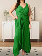A-Line V-Neck Ruched Metallic Mesh Dress