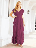 Ruffled Bridesmaid Dresses with Sleeves Long Formal Party Dress 28041