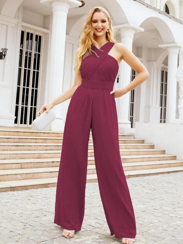Numbersea Crisscross Neck Jumpsuit Formal Evening Dress Long Bridesmaid Dresses Bell-bottomed Pants 28033