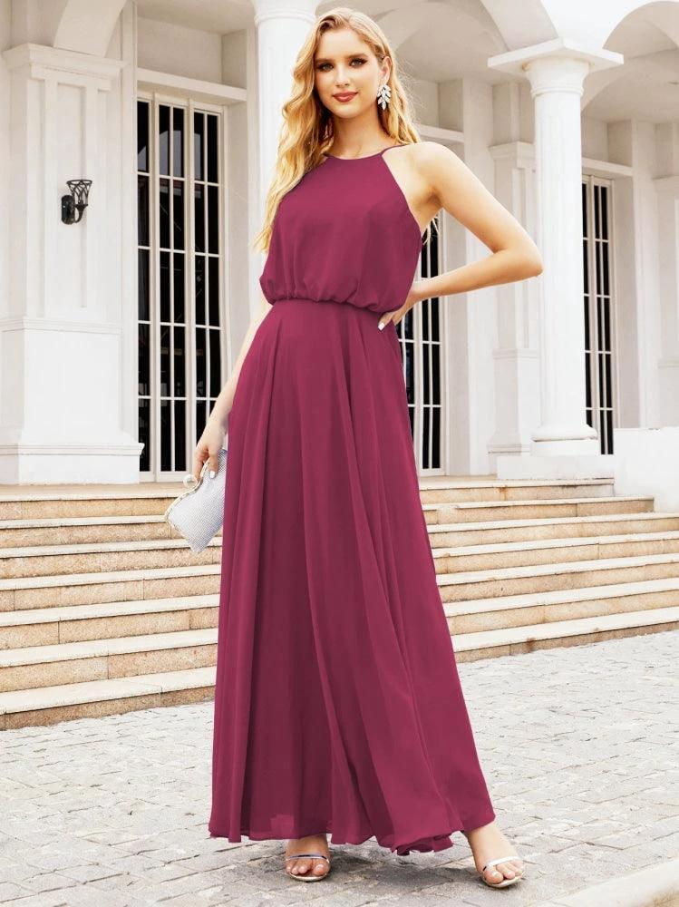 Numbersea  Halter Long Bridesmaid Dresses Formal A line Juniors Dress 28029