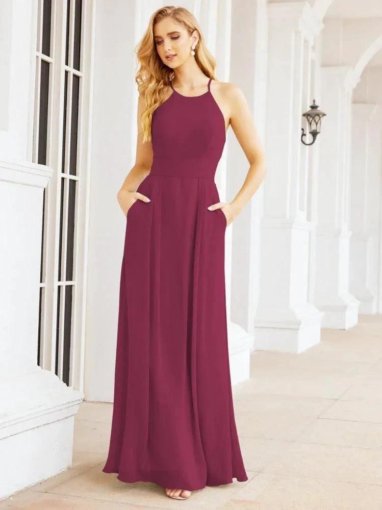 Numbersea Halter Bridesmaid Dresses with Pockets Sleeveless Formal Evening Party Prom Gowns  28055
