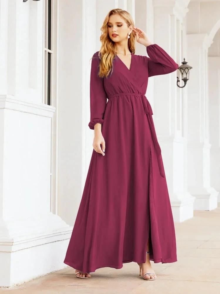 Sunnderly Women's Chiffon Bridesmaid Dress A line Long Sleeves Formal Evening Prom Gown for Wedding Guest SY28032