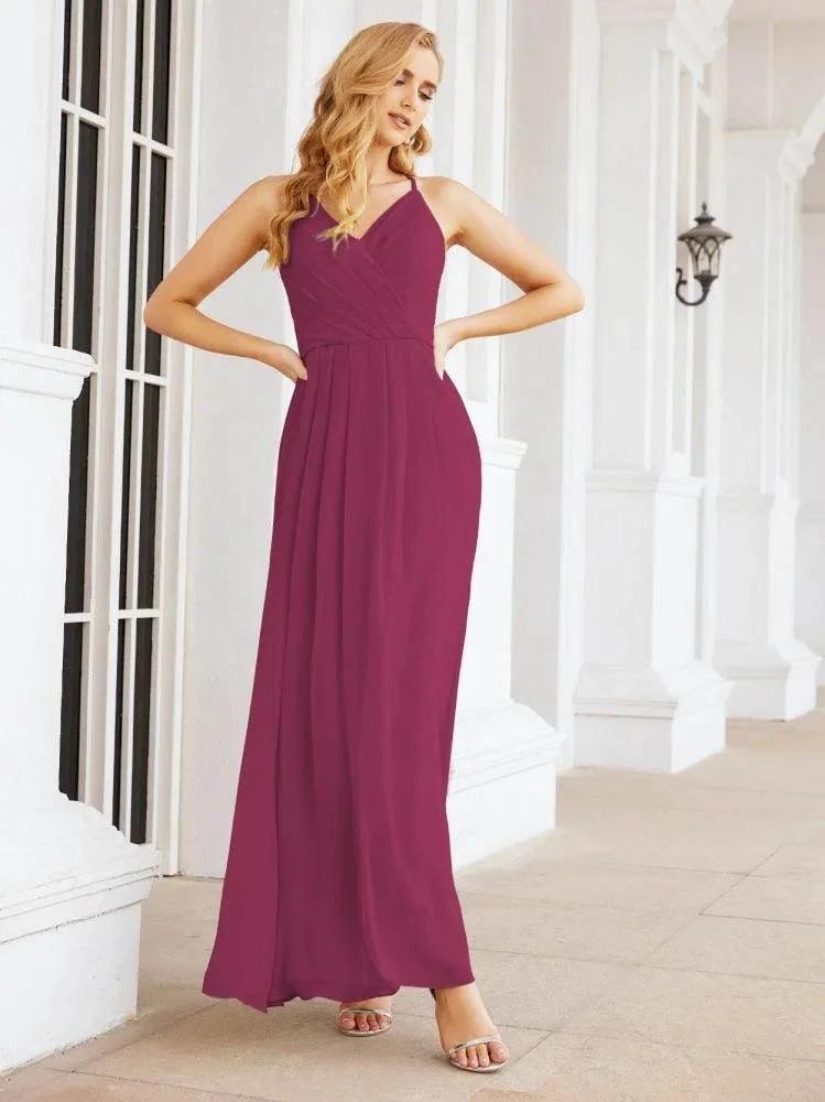 Numbersea Spaghetti Strap Bridesmaid Dresses V-Neck Long A-Line Formal Prom Gowns 28063