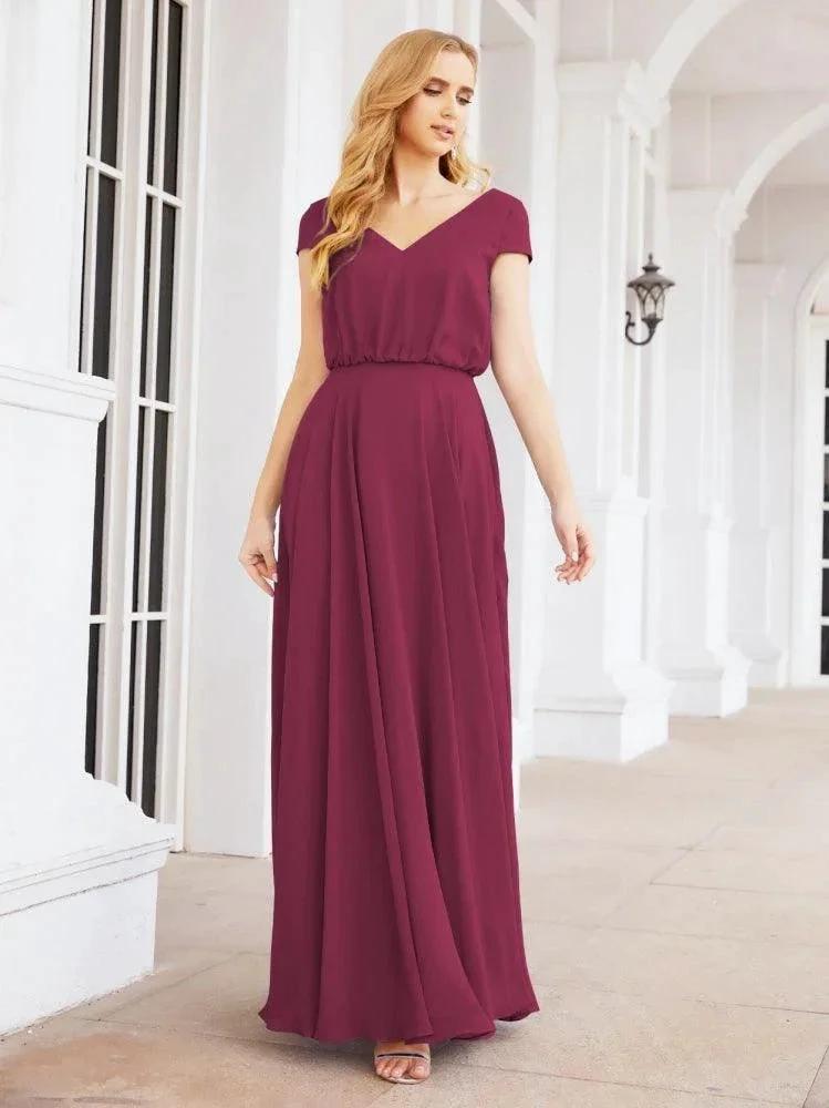 Numbersea V-Neck Bridesmaid Dresses Long Cap Sleeves Prom Evening Formal Gowns 28071