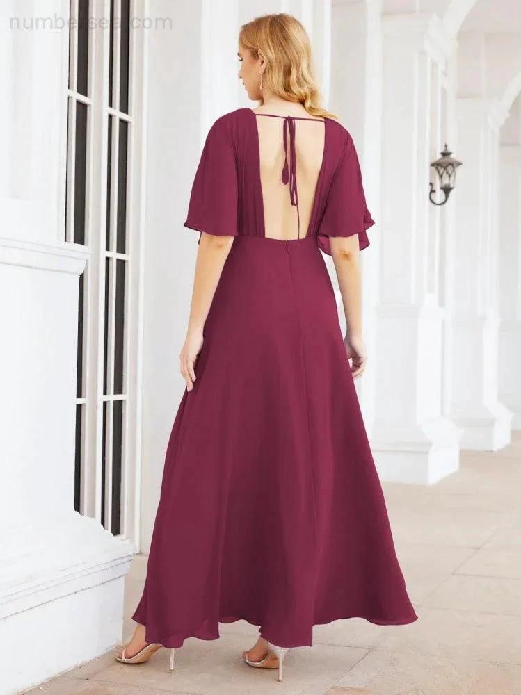 Numbersea V-Neck Bridesmaid Dress Chiffon Long Open Back Formal Dresses for Women Party Evening 28067