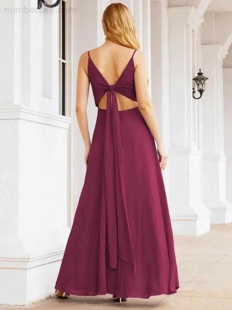 Numbersea Spaghetti Strap Bridesmaid Dresses V Neck Butterfly Back Fromal Evening Party Prom Gown 28036
