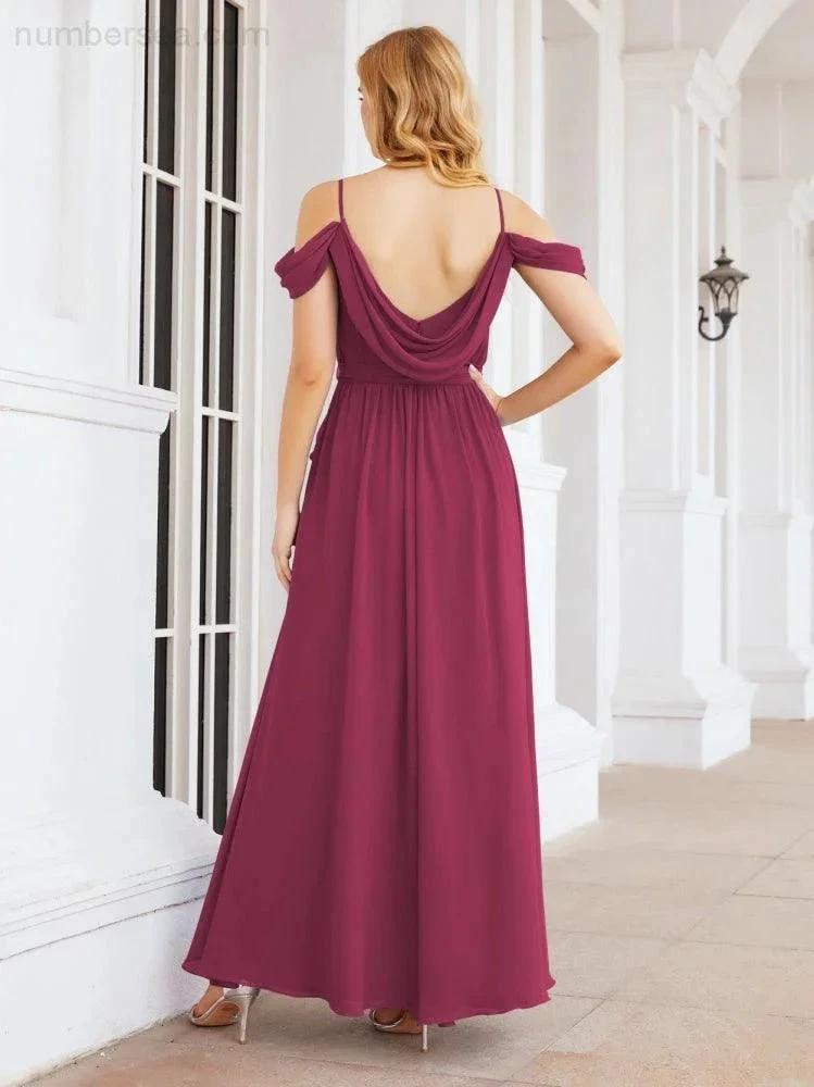 Numbersea Off The Shoulder Chiffon Bridesmaid Dress Long Formal Graduation Gown with Cowl Back 28069