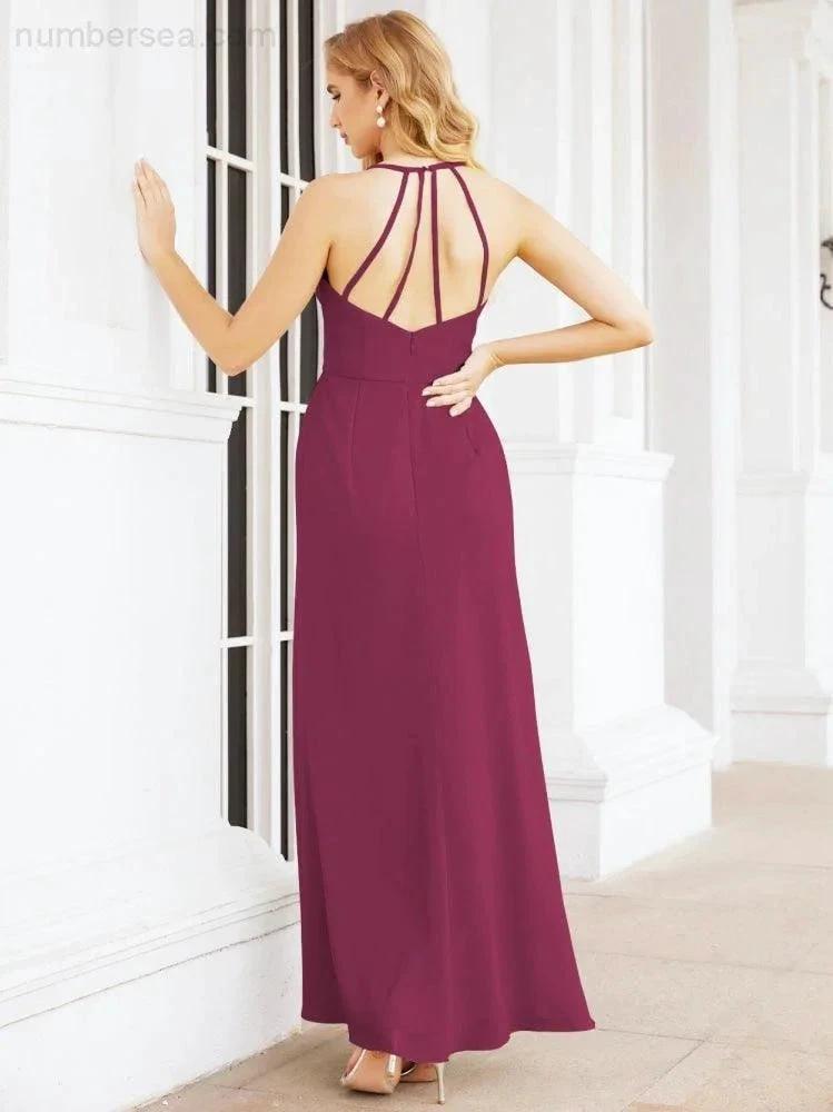 Numbersea Spaghetti Strap Bridesmaid Dresses V-Neck Long A-Line Formal Prom Gowns 28063