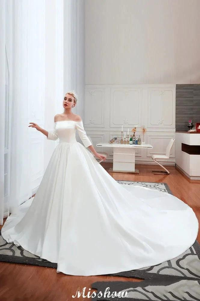 3/4 Sleeves Off-the-Shoulder Ball Gown White Aline Wedding Dress