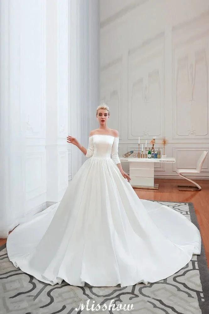 3/4 Sleeves Off-the-Shoulder Ball Gown White Aline Wedding Dress