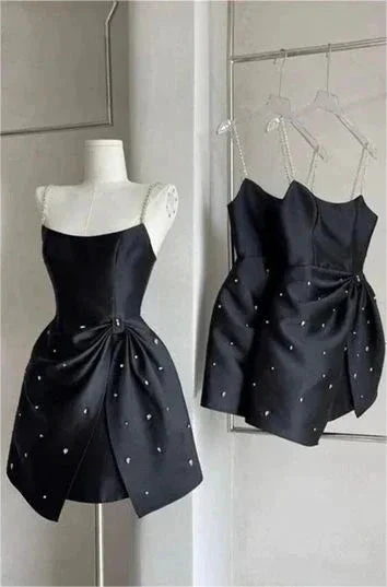 Black Short Prom Dress Satin Dress Homecoming Dress With Beaded Y7654