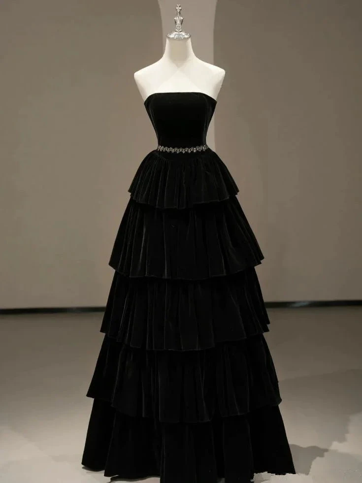 Chic Black A-line Layered Evening Dress Black Strapless Evening Gown Y4378