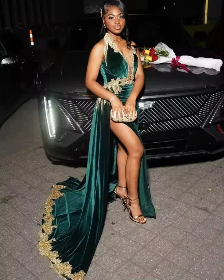 Sexy Green Velvet Prom Evening Dress Gold Applique Beaded Slit Black Girl Birthday Gown Y8122
