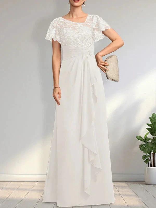 A-line Asymmetrical Illusion Floor-Length Lace Chiffon Mother of the Bride Dress With Cascading Ruffles Sequins