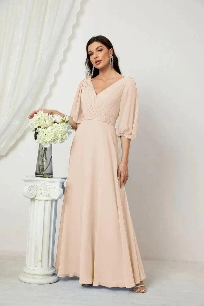 Numbersea  Formal Prom Gown Women V-Neck Chiffon Bridesmaid Dresses Long Bishop Sleeve Party Dress 2807