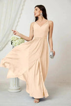 Numbersea Chiffon V-Neck Bridesmaid Dress Spaghetti Strap Long Formal Party Prom Gowns with Slit 28010
