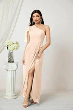 Numbersea  Chiffon Ruffled One Shoulder Long Bridesmaid Dresses A-line Formal Evening Gown Side Split 2809