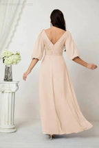 Numbersea  Formal Prom Gown Women V-Neck Chiffon Bridesmaid Dresses Long Bishop Sleeve Party Dress 2807