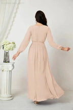 Sunnderly Evening Dresses Deep V-Neck Chiffon Bridesmaid Dresses Long Bishop Sleeve Side Split Formal Dress SY2806
