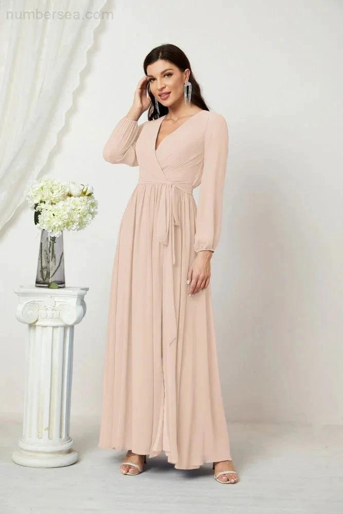 Sunnderly Evening Dresses Deep V-Neck Chiffon Bridesmaid Dresses Long Bishop Sleeve Side Split Formal Dress SY2806