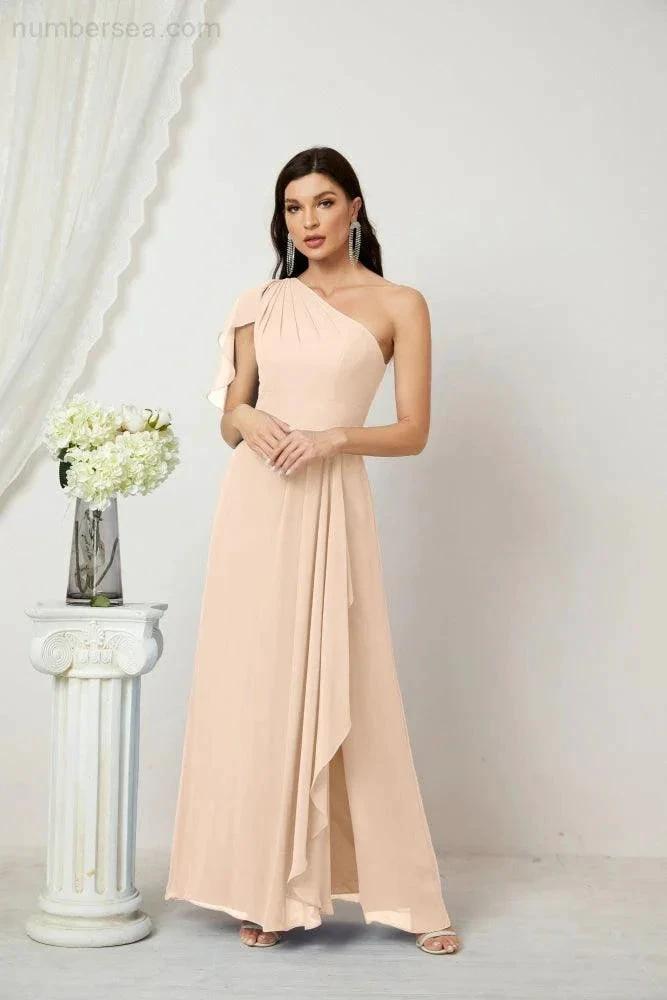 Numbersea  Chiffon Ruffled One Shoulder Long Bridesmaid Dresses A-line Formal Evening Gown Side Split 2809