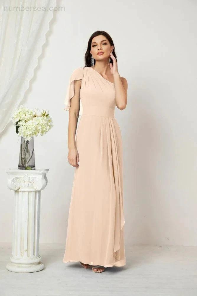 Numbersea  Chiffon Ruffled One Shoulder Long Bridesmaid Dresses A-line Formal Evening Gown Side Split 2809