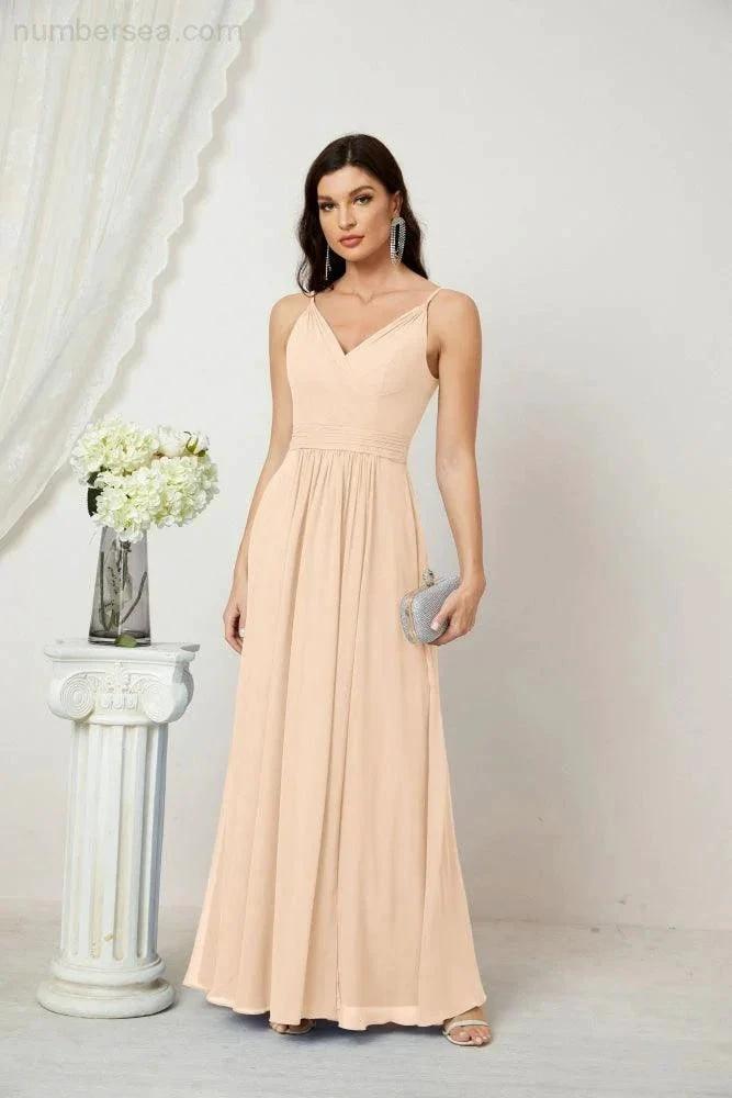 Numbersea Chiffon V-Neck Bridesmaid Dress Spaghetti Strap Long Formal Party Prom Gowns with Slit 28010