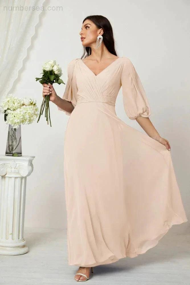 Numbersea  Formal Prom Gown Women V-Neck Chiffon Bridesmaid Dresses Long Bishop Sleeve Party Dress 2807