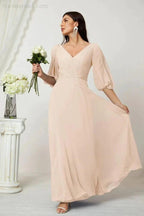Numbersea  Formal Prom Gown Women V-Neck Chiffon Bridesmaid Dresses Long Bishop Sleeve Party Dress 2807