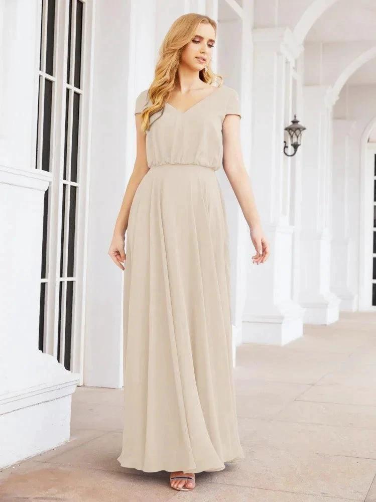 Numbersea V-Neck Bridesmaid Dresses Long Cap Sleeves Prom Evening Formal Gowns 28071