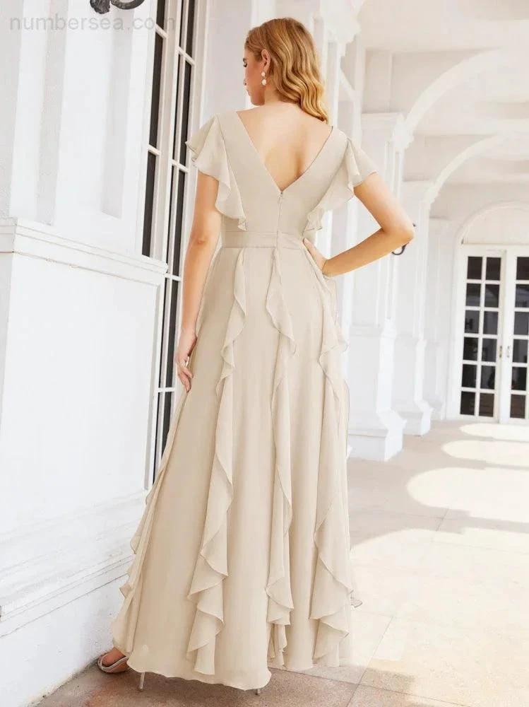 Ruffled Bridesmaid Dresses with Sleeves Long Formal Party Dress 28041