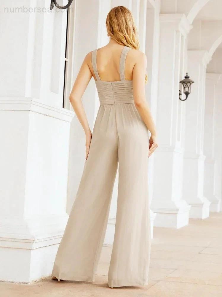 Numbersea Crisscross Neck Jumpsuit Formal Evening Dress Long Bridesmaid Dresses Bell-bottomed Pants 28033