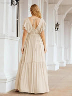Numbersea Women's Open Back Formal Evening Party Prom Gowns V-Neck Long Chiffon Bridesmaid Dresses with Waist Belt 28038