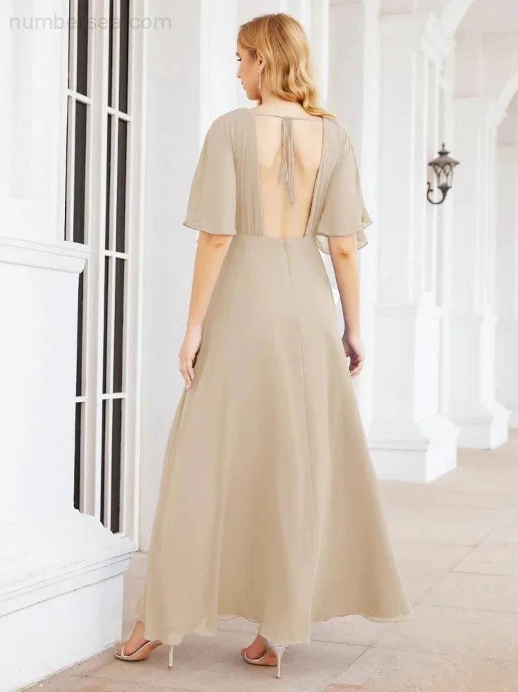 Numbersea V-Neck Bridesmaid Dress Chiffon Long Open Back Formal Dresses for Women Party Evening 28067