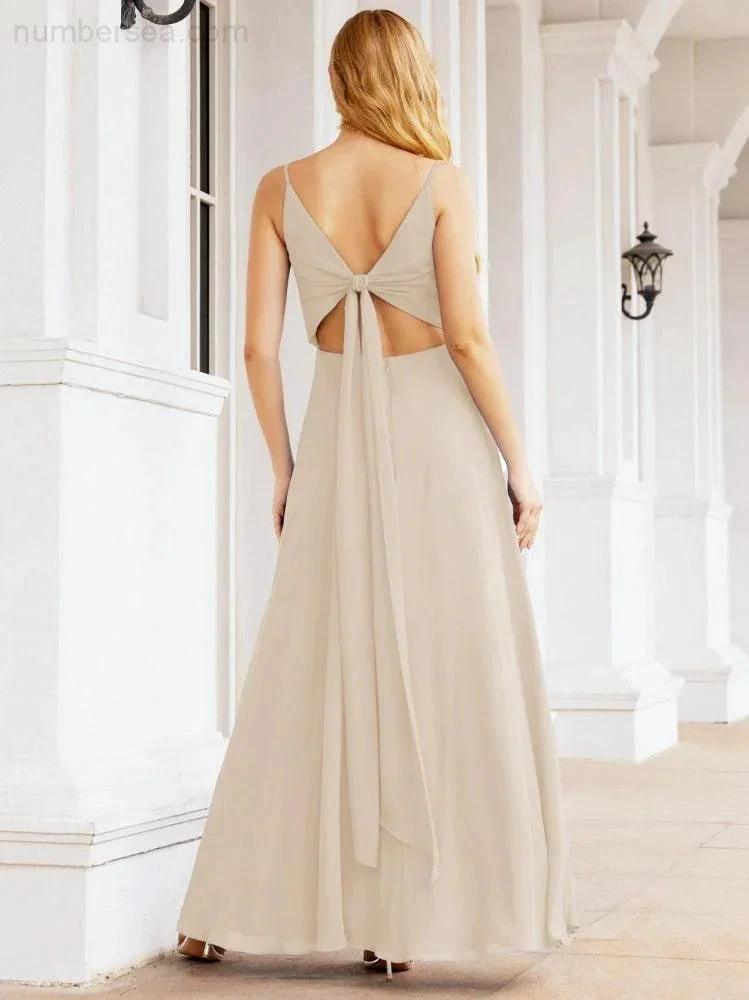 Numbersea Spaghetti Strap Bridesmaid Dresses V Neck Butterfly Back Fromal Evening Party Prom Gown 28036