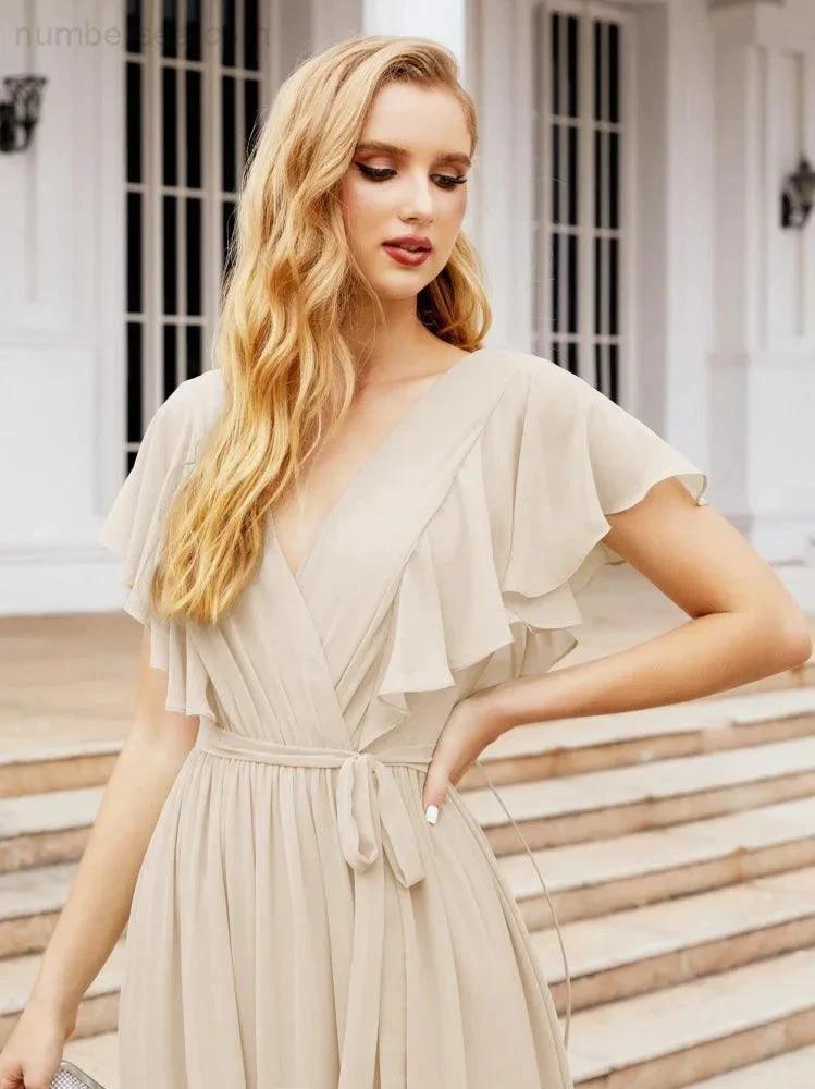 Numbersea Women's Open Back Formal Evening Party Prom Gowns V-Neck Long Chiffon Bridesmaid Dresses with Waist Belt 28038