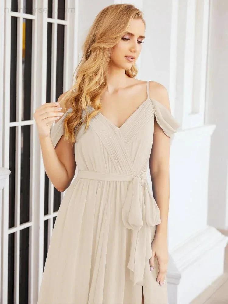 Numbersea Off The Shoulder Chiffon Bridesmaid Dress Long Formal Graduation Gown with Cowl Back 28069