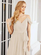 Numbersea Off The Shoulder Chiffon Bridesmaid Dress Long Formal Graduation Gown with Cowl Back 28069