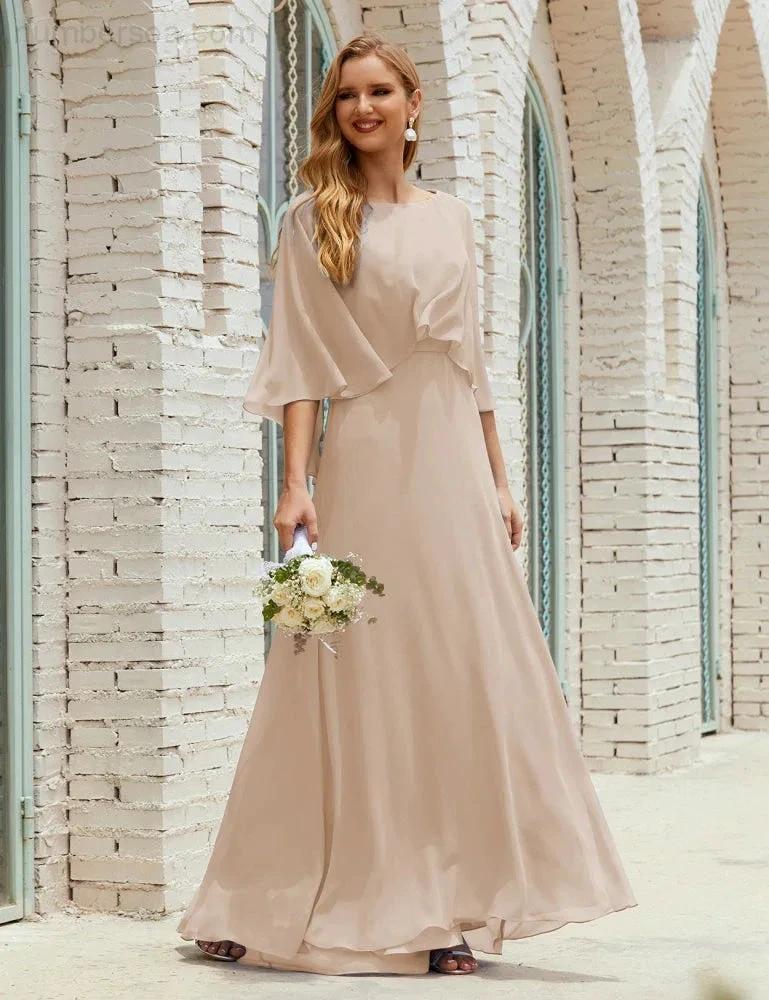 Sunnderly  Bridesmaid Dress Women Long Sleeve V-Neck Chiffon Formal Wedding Party Dress SY28018