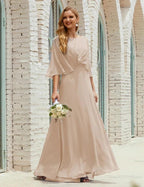 Sunnderly  Bridesmaid Dress Women Long Sleeve V-Neck Chiffon Formal Wedding Party Dress SY28018