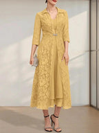 A-line V-Neck Tea-Length Chiffon Mother of the Bride Dress