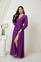 Sunnderly Evening Dresses Deep V-Neck Chiffon Bridesmaid Dresses Long Bishop Sleeve Side Split Formal Dress SY2806
